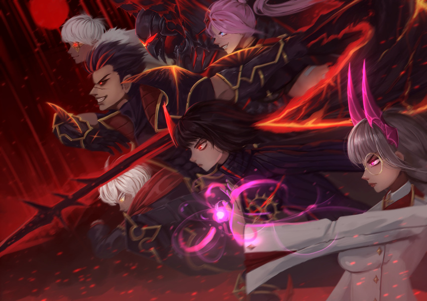 1boy, 6+girls, :i, absurdres, adventurequest_worlds, armor, artix_entertainment, axe, black_background, black_eyes, black_hair, black_sweater, blue_eyes, blue_pupils, darkon_(adventurequest_worlds), embers, eyepatch, fa_(adventurequest_worlds), fighting, from_side, furrowed_brow, glasses, highres, holding, holding_axe, hood, hoodie, horns, jacket, knight, la_(adventurequest_worlds), labcoat, long_hair, lovertee_arts, magic, mi_(adventurequest_worlds), multiple_girls, orange_eyes, orange_pupils, pink_eyes, pink_hair, pink_pupils, ponytail, re_(adventurequest_worlds), red_background, red_eyes, red_pupils, red_sun, round_eyewear, running, short_hair, single_horn, smile, so_(adventurequest_worlds), sweater, ti_(adventurequest_worlds), white_hair, white_jacket