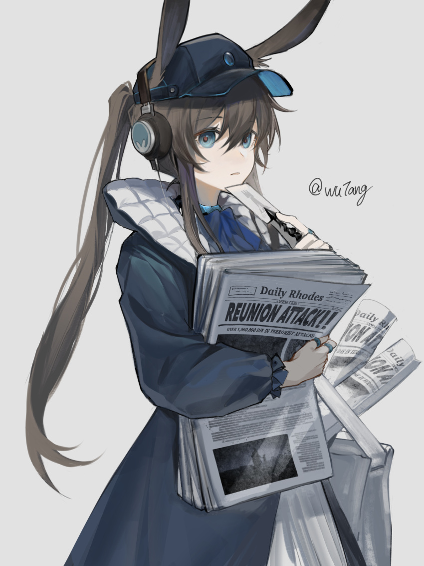 1girl, amiya_(arknights), amiya_(newsgirl)_(arknights), animal_ears, arknights, ascot, baseball_cap, blue_ascot