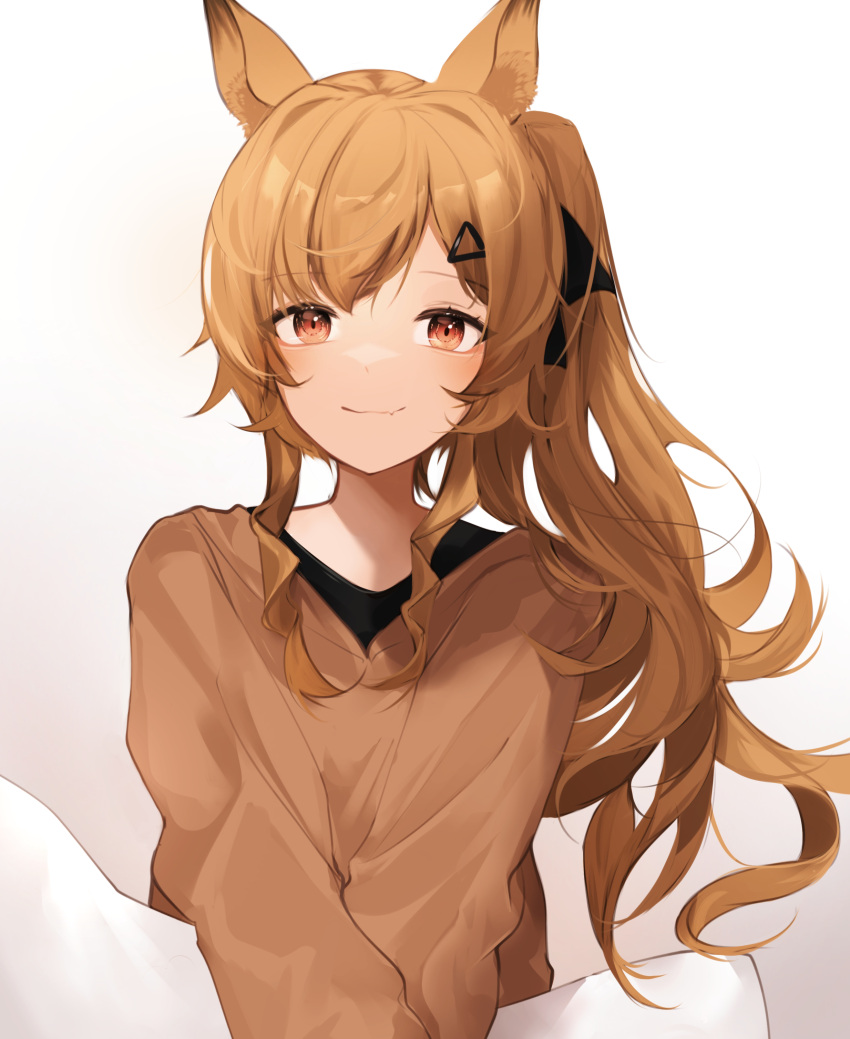 1girl, absurdres, animal_ears, arknights, black_bow, blush, bow, brown_eyes, brown_hair, brown_shirt, ceobe_(arknights), dog_ears, gupipy, hair_bow, hair_ornament, hairclip, highres, looking_at_viewer, pajamas, ponytail, shirt, simple_background, smile, solo, upper_body, white_background