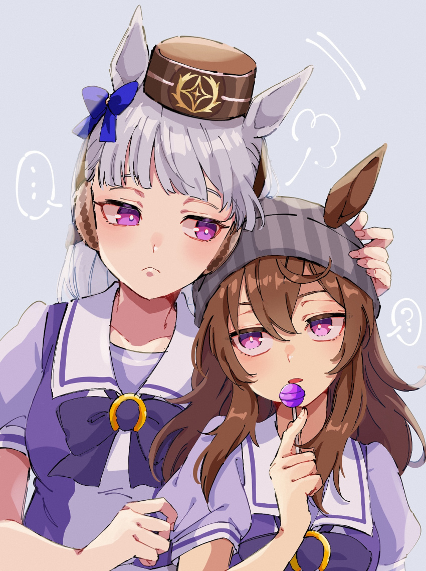 ..., 2girls, =3, ?, animal_ears, bangs, beanie, bow