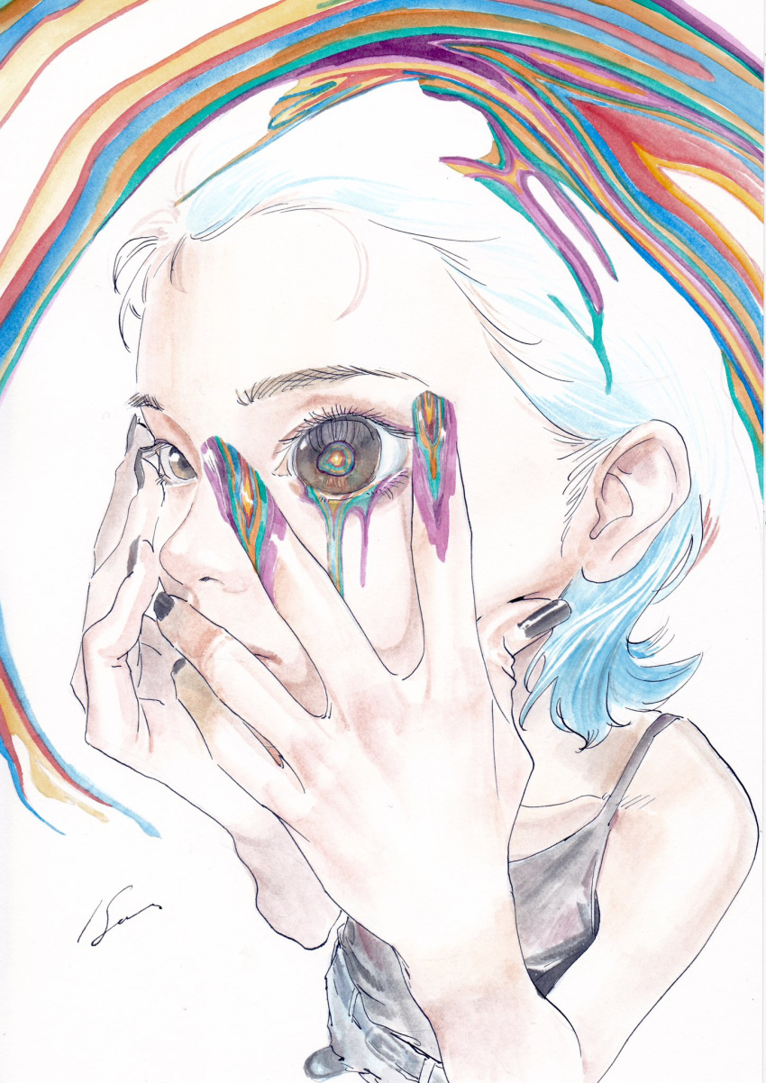 1girl, black_nails, blue_hair, brown_eyes, dripping, from_above, grey_camisole, hands_on_own_face, highres, katou_souichirou, looking_at_viewer, original, rainbow_order, short_hair, signature, solo, surreal, white_background