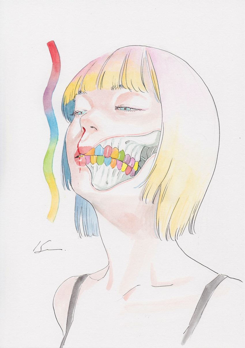 1girl, bangs, blonde_hair, blood, collarbone, colored_teeth, gradient_hair, half-closed_eyes, highres, hole_in_face, hole_in_head, katou_souichirou, multicolored_hair, nosebleed, original, pink_hair, short_hair, signature, simple_background, solo, white_background
