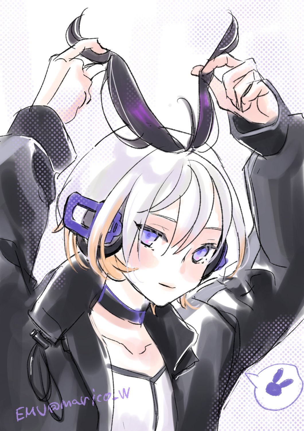 1girl, arms_up, artist_name, black_choker, black_hair, black_jacket, cevio, choker