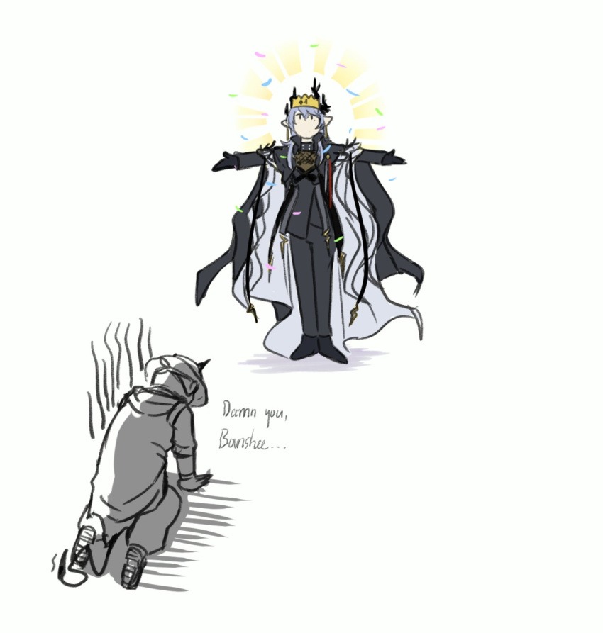 2boys, arknights, chair, demon_horns, demon_tail, glasses, highres, horns