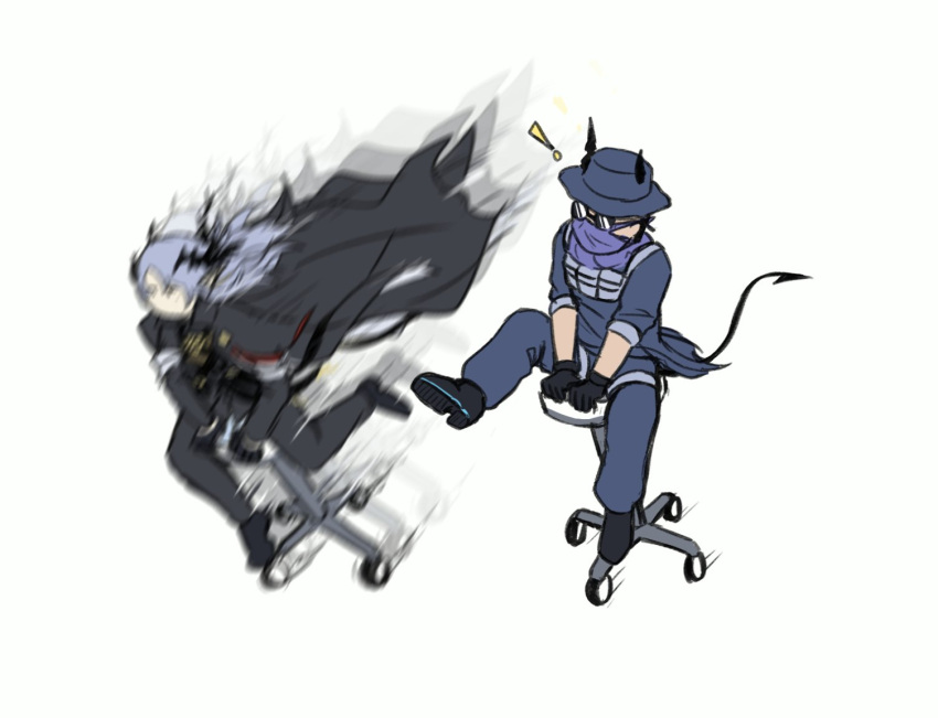 2boys, arknights, chair, demon_horns, demon_tail, glasses, horns, immapurpledrago, logos_(arknights), multiple_boys, office_chair, scout_(arknights), tail