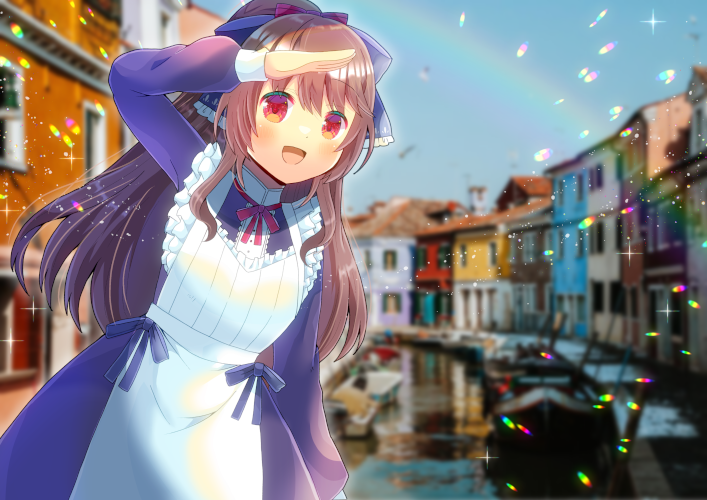 1girl, :d, apron, arm_up, bangs, blue_bow, blue_sky, blurry, blurry_background, bow, brown_hair, building, canal, commentary_request, commission, day, depth_of_field, dress, frilled_apron, frills, hair_between_eyes, hair_bow, hinata_nodoka, indie_virtual_youtuber, kou_hiyoyo, long_hair, long_sleeves, looking_at_viewer, outdoors, ponytail, puffy_long_sleeves, puffy_sleeves, purple_dress, rainbow, red_bow, red_eyes, skeb_commission, sky, smile, solo, very_long_hair, virtual_youtuber, white_apron