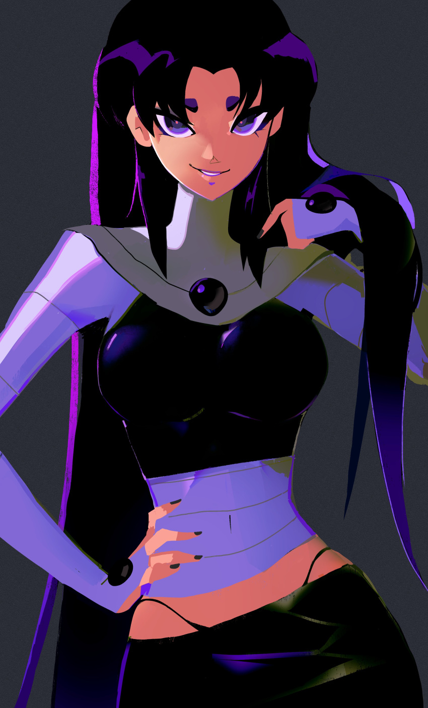 1girl, absurdres, black_hair, black_nails, black_panties, black_skirt, blackfire, bodysuit, breasts, dc_comics, grey_background, highres, long_hair, looking_at_viewer, medium_breasts, miniskirt, navel, nem_graphics, panties, parted_lips, pencil_skirt, purple_hair, simple_background, skirt, smile, smirk, smug, solo, teen_titans, thong, underwear, violet_eyes