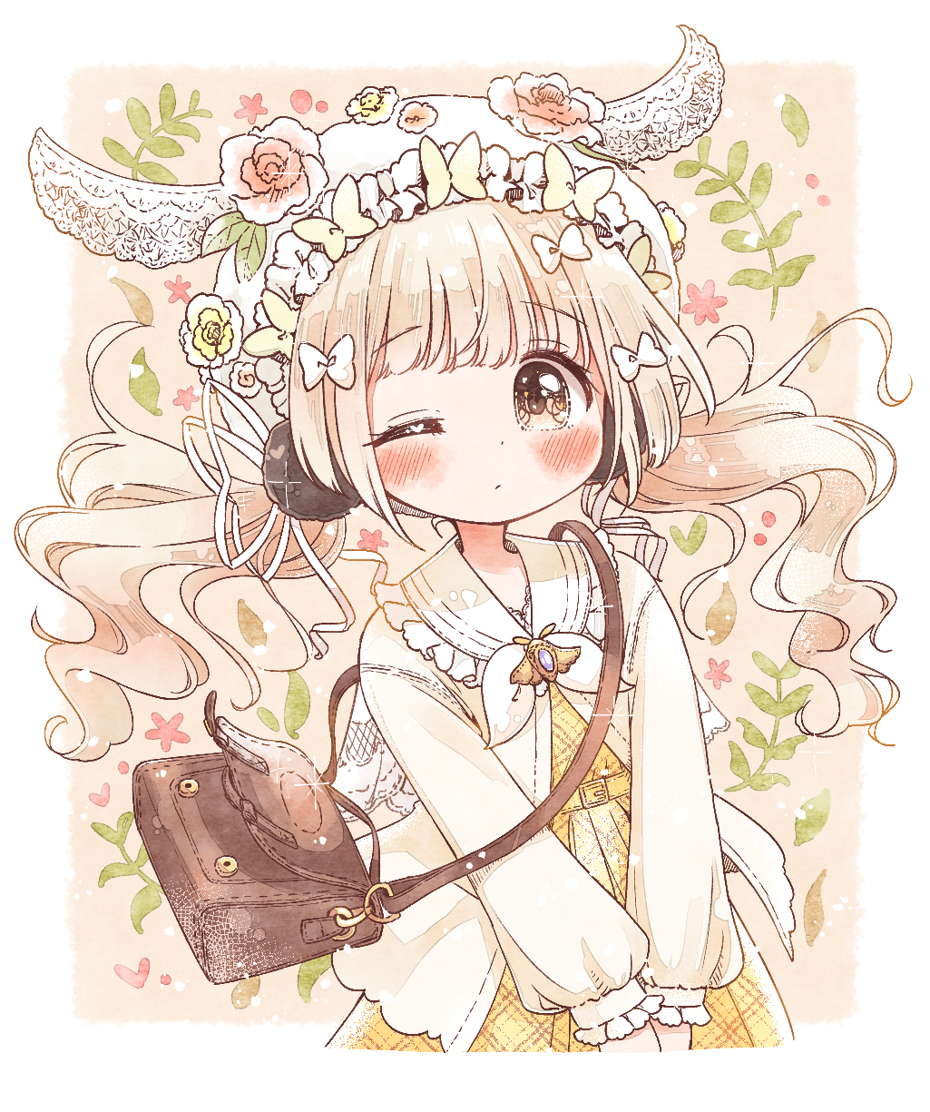 1girl, animal_ears, animal_hood, bag, bangs, belt, beret, blonde_hair