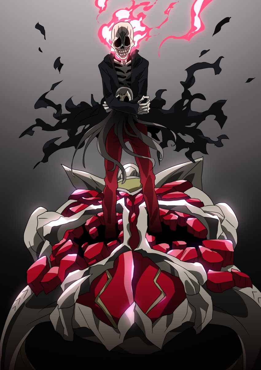 1boy, another_rider_(zi-o), another_wizard_(zi-o), despair, flaming_skull, gem, highres, horror_(theme), jewelry, kamen_rider, kamen_rider_zi-o_(series), otokamu, pants, red_gemstone, red_pants, ring, skeleton, symbolism, torn_jacket, wizard