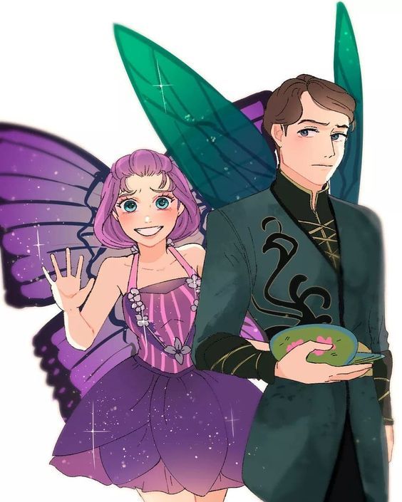1boy, 1girl, artist_request, barbie_(franchise), barbie_mariposa_(film_series), barbie_movies, blue_eyes, blush, brown_hair, bubble_skirt, butterfly_wings, dress, embarrassed, eyeshadow, fairy, fairy_wings, flower, flower_skirt, formal, green_jacket, green_suit, grey_eyes, hair_pulled_back, hetero, jacket, makeup, non-web_source, ponytail, prince, prince_carlos, purple_dress, shirt, skirt, smile, source_request, sparkle, striped, striped_shirt, striped_tank_top, suit, tank_top, waving, willa, wings