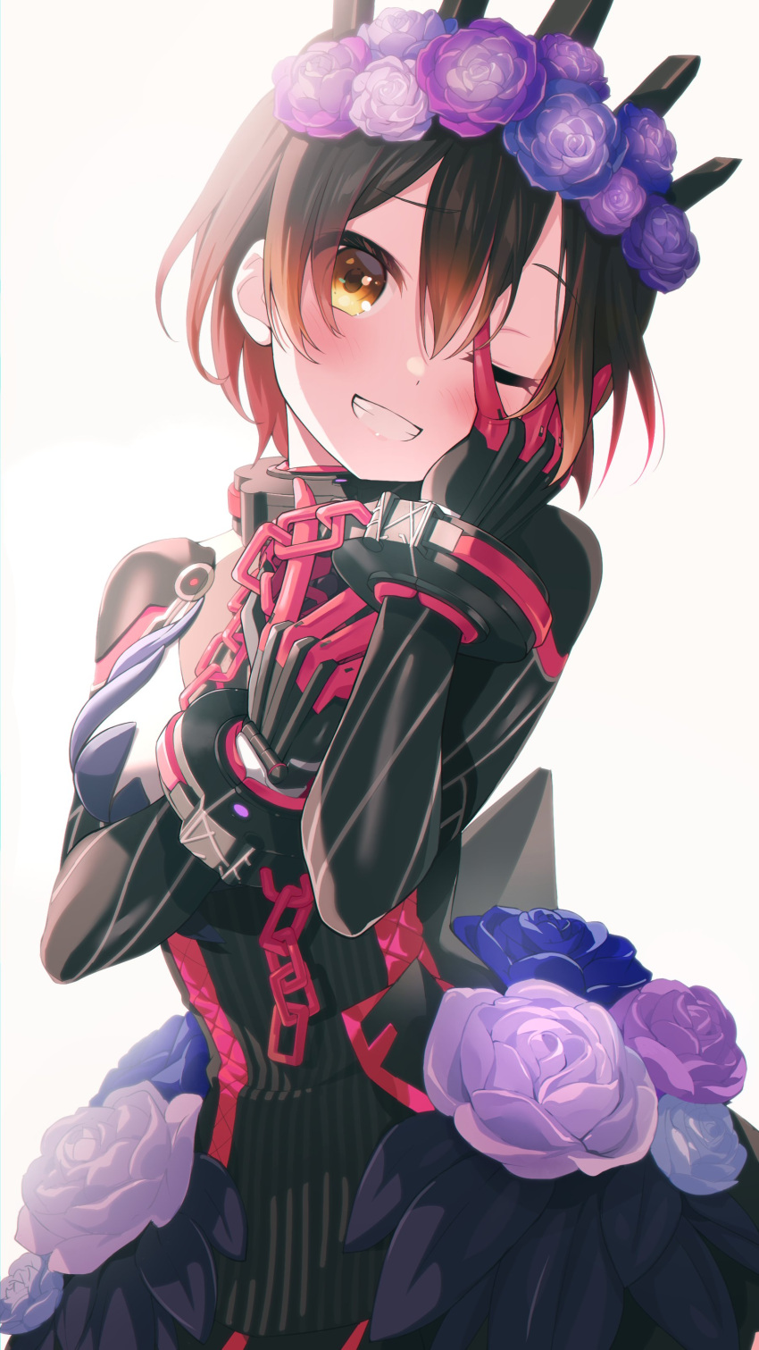 1girl, absurdres, android, black_dress, blush, brown_hair, chain, dress
