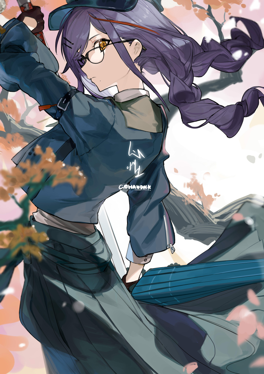 1girl, absurdres, akafuyu_(arknights), akafuyu_(temperament)_(arknights), arknights, arm_up, bangs, black-framed_eyewear