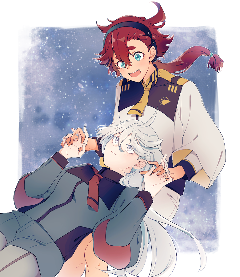 2girls, ag_(dkd_wnl), ahoge, blue_eyes, grey_eyes, gundam, gundam_suisei_no_majo, hairband