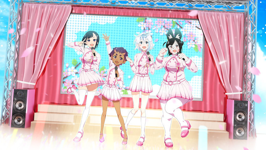 4girls, absurdres, animal_ears, animal_hands, cat_ears, cherry_blossoms, from_behind, furry