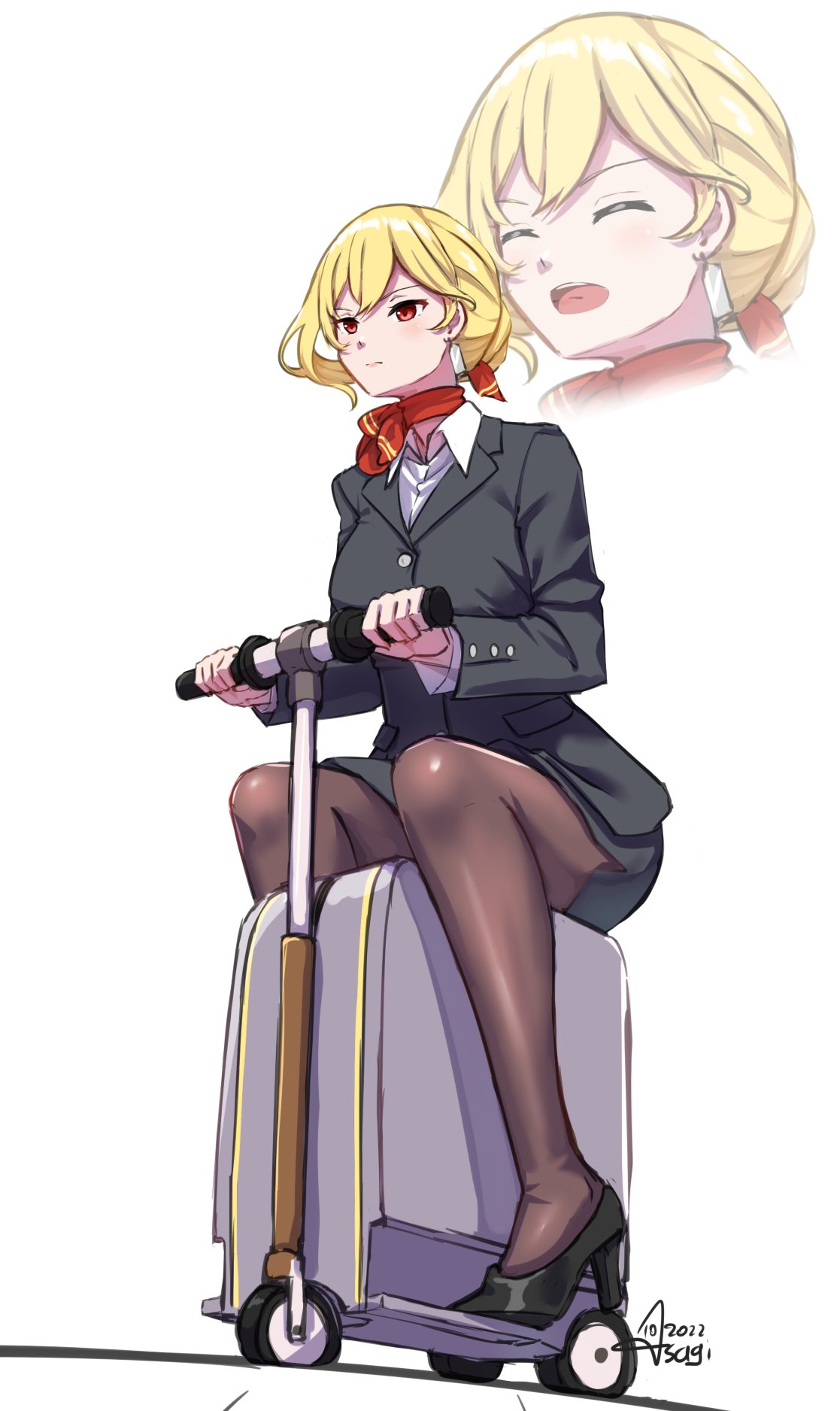 1girl, as4gi, bangs, blonde_hair, flight_attendant, gloves, high_heels, highres