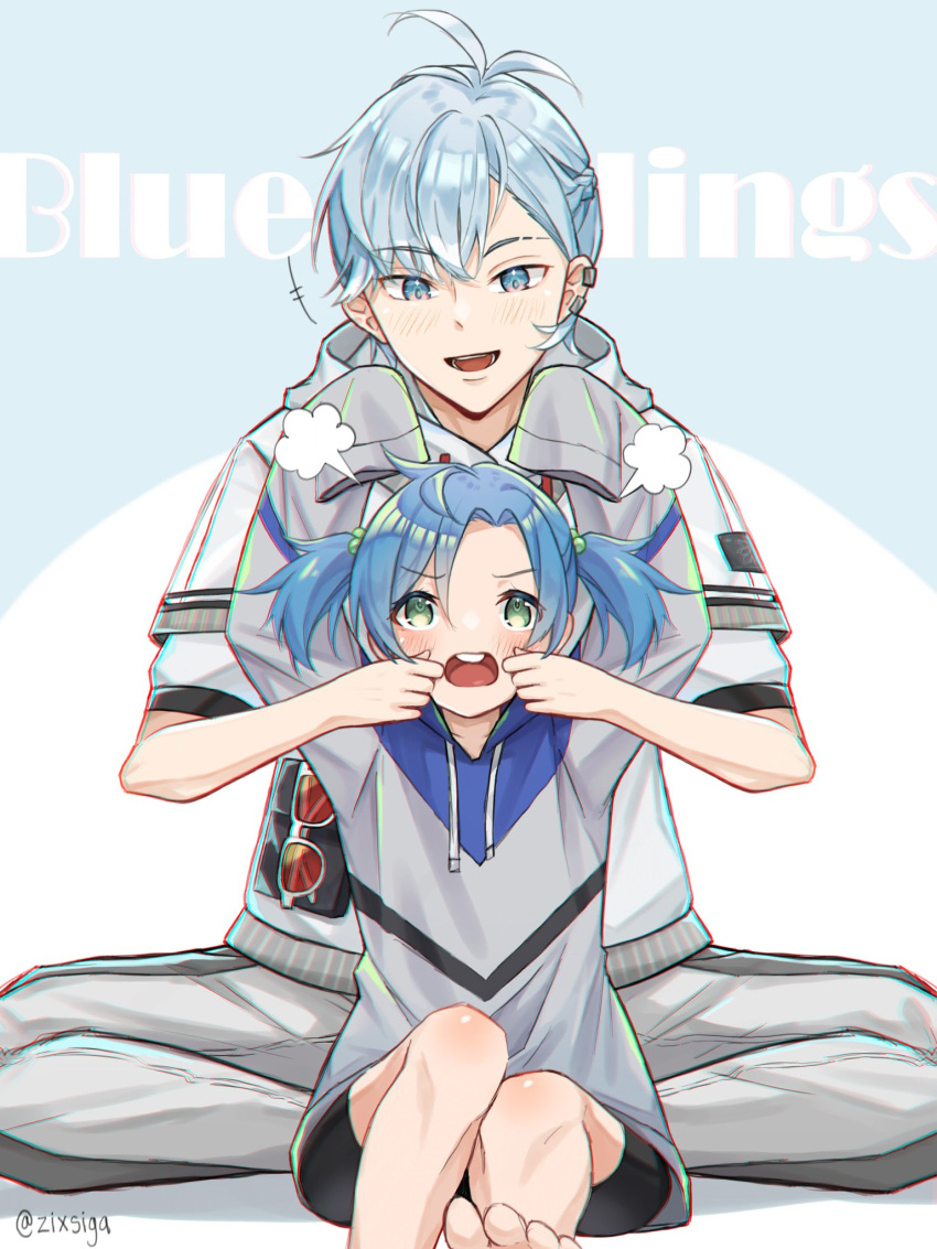 1boy, 1girl, age_switch, aged_down, aged_up, blue_hair, cheek_pinching, genderswap