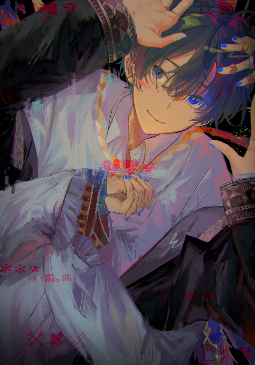 1boy, arms_up, bangs, black_hair, black_jacket, blue_eyes, blue_nails, blush_stickers