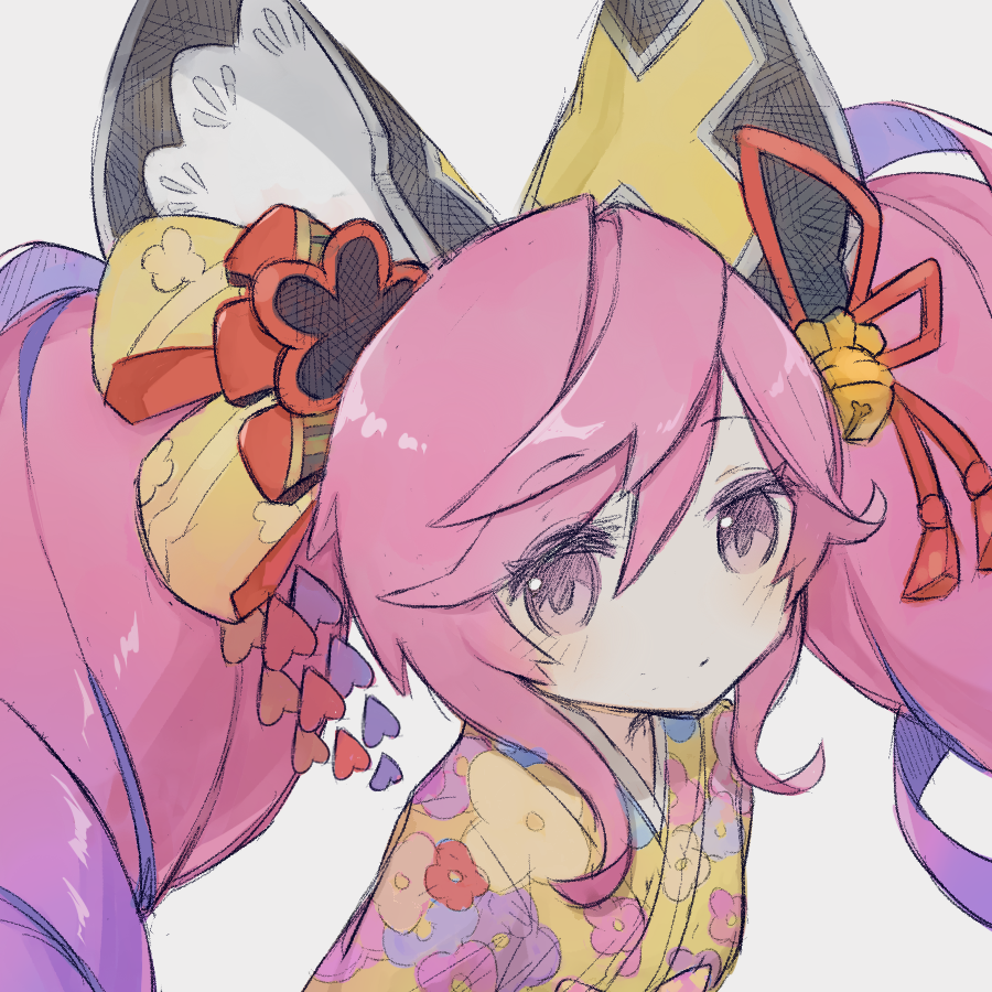 1girl, bangs, bell, big_hair, cleo_(dragalia_lost), closed_mouth, dragalia_lost, floral_print, hair_bell, hair_ornament, japanese_clothes, kimono, looking_at_viewer, official_alternate_costume, pink_eyes, pink_hair, potaytotayto, solo, twintails, upper_body, white_background