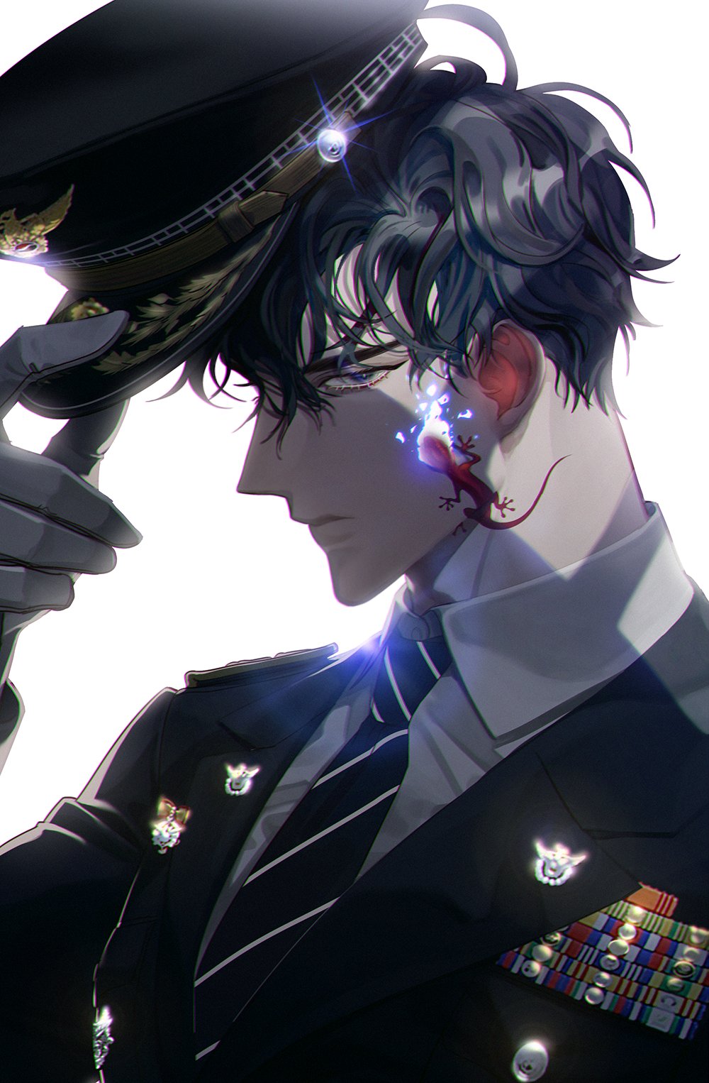 1boy, badge, black_eyes, black_hair, blue_fire, collared_shirt, facial_mark, fire