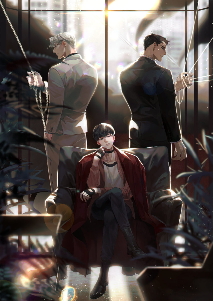 3boys, absurdres, black_choker, black_hair, blonde_hair, blurry, blurry_background, blurry_foreground