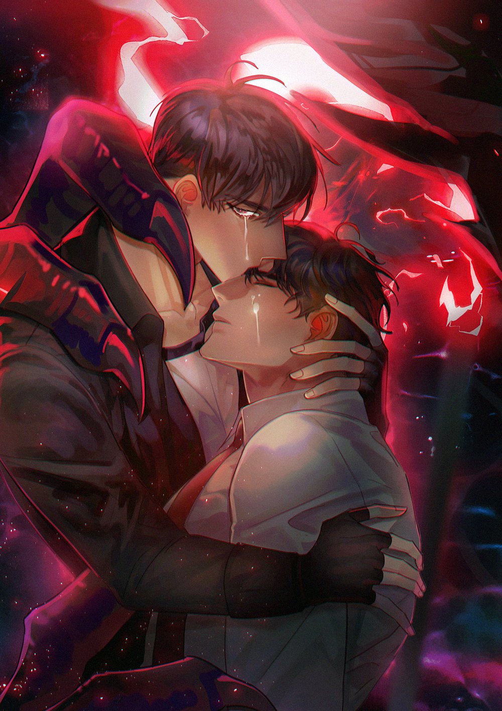 2boys, black_hair, black_jacket, brothers, claws, collared_shirt, crying, crying_with_eyes_open