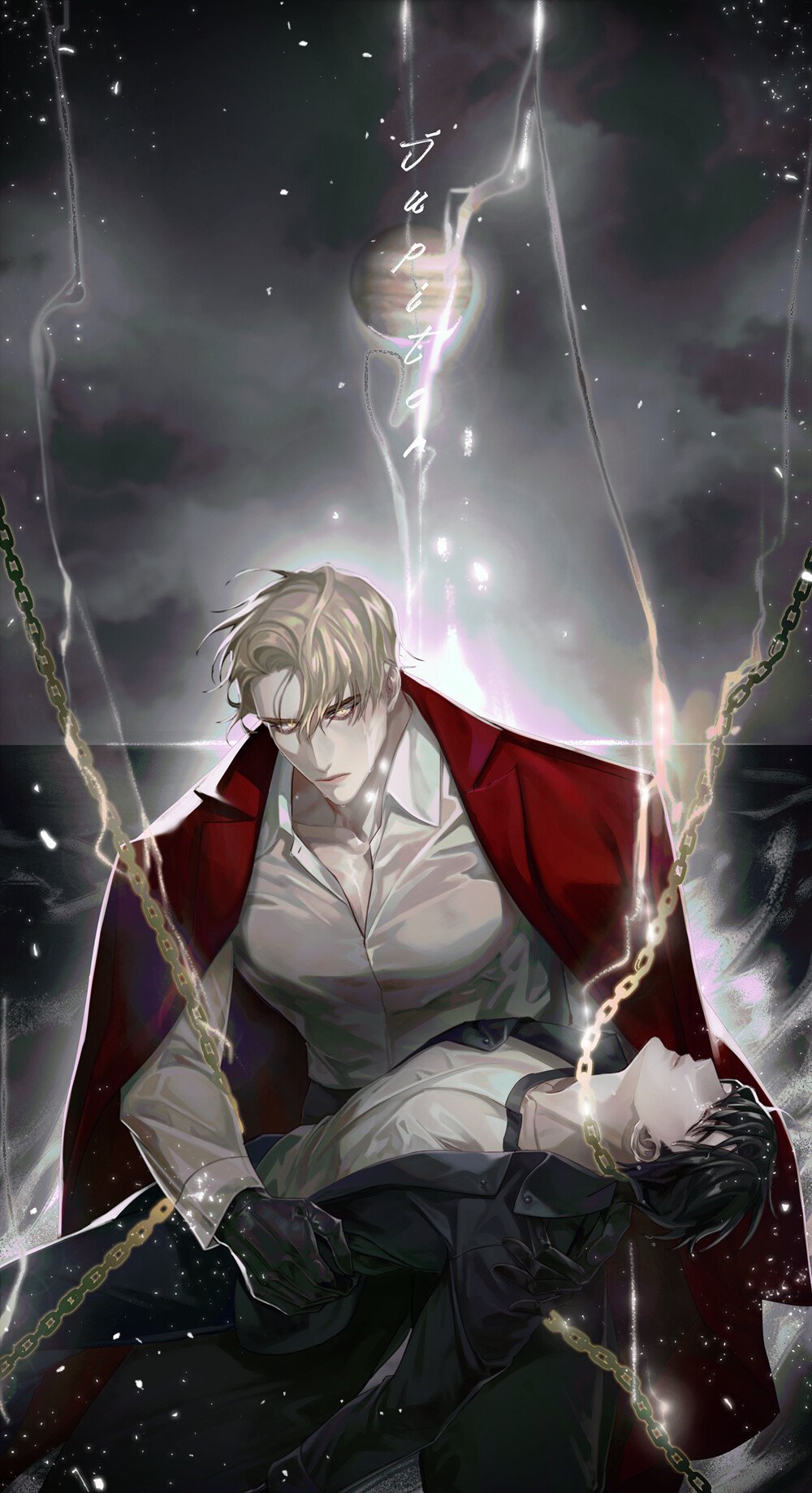 2boys, black_gloves, black_hair, blonde_hair, chain, collarbone, collared_shirt, gloves