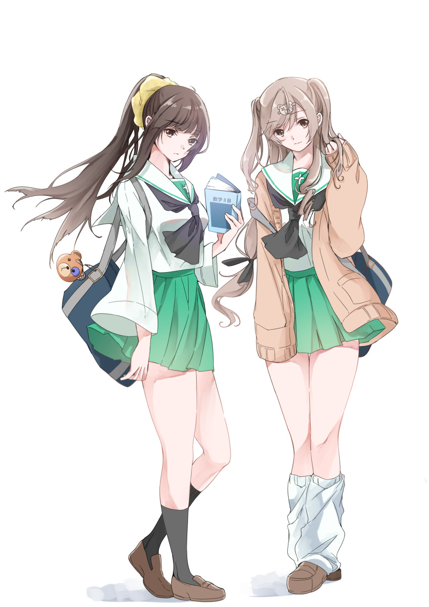 2girls, absurdres, alternate_costume, alternate_hairstyle, bag, bangs, bear_hair_ornament, black_neckerchief
