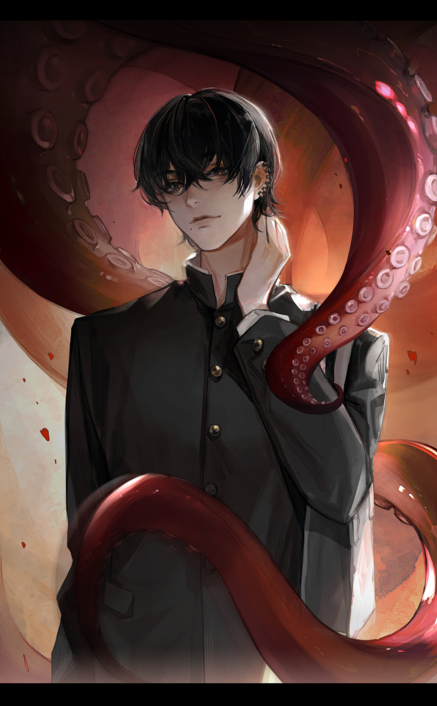 1boy, absurdres, animal, bangs, black_eyes, black_hair, black_jacket, bright_pupils, buttons, chainsaw_man, chinese_commentary, collared_jacket, commentary_request, crossed_bangs, ear_piercing, gakuran, guanshuang, hair_between_eyes, hand_on_own_neck, hand_up, highres, jacket, light_smile, long_sleeves, looking_at_viewer, male_focus, mole, mole_under_mouth, octopus, octopus_devil_(chainsaw_man), oversized_animal, piercing, red_pupils, school_uniform, short_hair, solo, standing, suction_cups, tentacles, yoshida_hirofumi