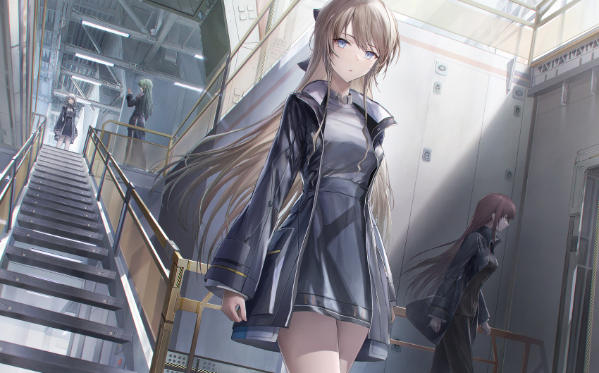4girls, absurdres, ahoge, bangs, banister, belt, black_belt, black_bow