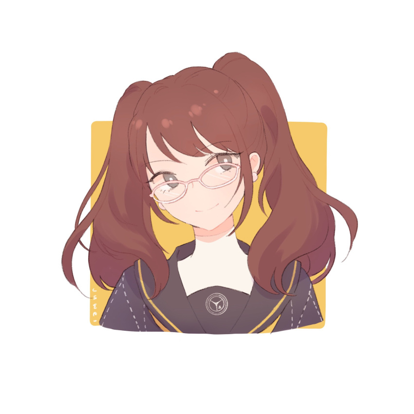1girl, bangs, black_sailor_collar, brown_eyes, brown_hair, closed_mouth, earrings, glasses, highres, jewelry, juwei, kujikawa_rise, long_hair, looking_to_the_side, persona, persona_4, sailor_collar, school_uniform, simple_background, smile, solo, turtleneck, twintails, yasogami_school_uniform