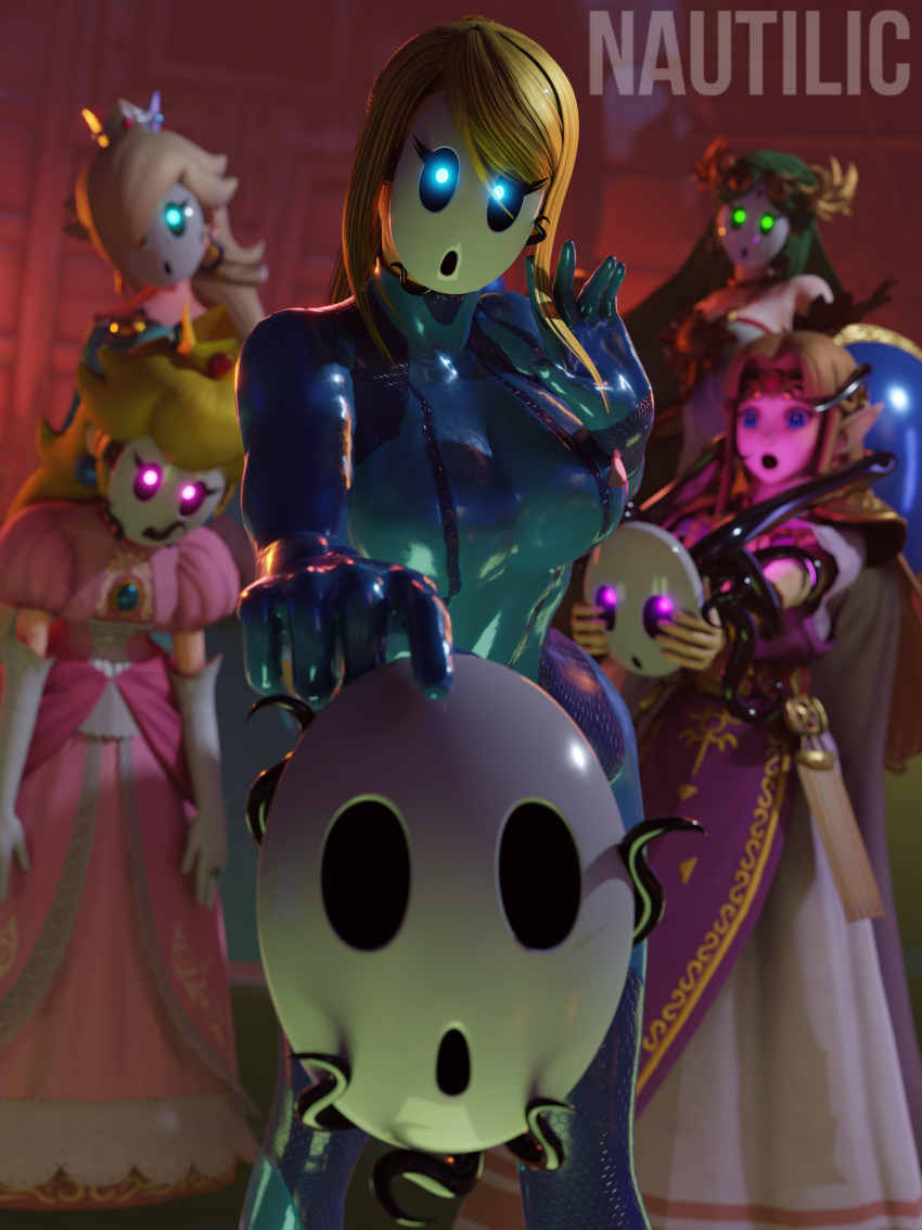 3d, 5girls, absurdres, artist_name, blonde_hair, blue_bodysuit, blue_eyes, blurry, blurry_background, bodysuit, crown, dress, gloves, glowing, glowing_eyes, green_hair, highres, kid_icarus, mask, metroid, multiple_girls, nautilic, open_mouth, palutena, pink_dress, possessed, princess_peach, princess_zelda, rosalina, samus_aran, short_sleeves, shy_guy, super_mario_bros., super_mario_galaxy, super_smash_bros., tentacles, the_legend_of_zelda, white_gloves, zero_suit