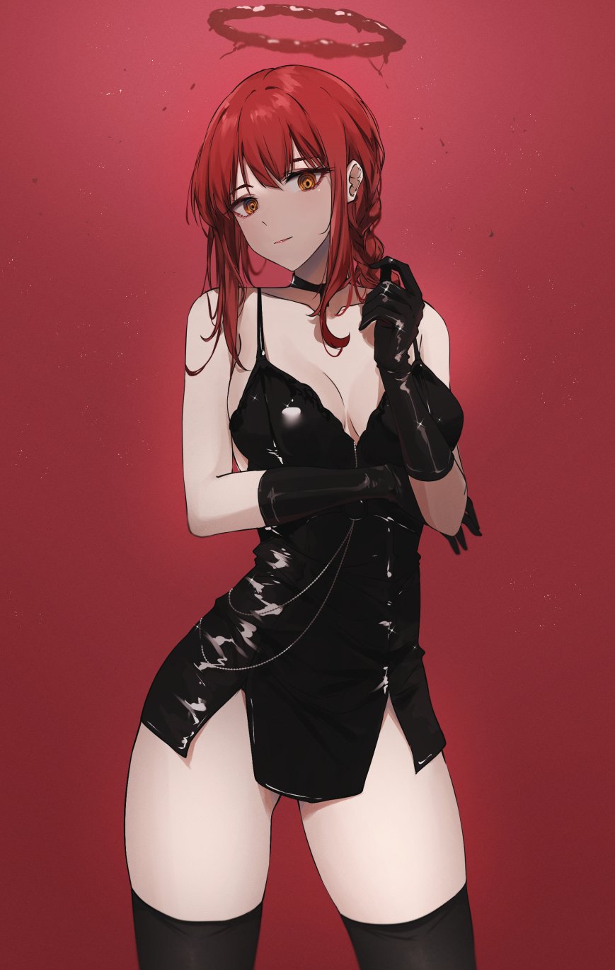 1girl, ass_visible_through_thighs, braid, chainsaw_man, choker, cowboy_shot, feint721, gloves