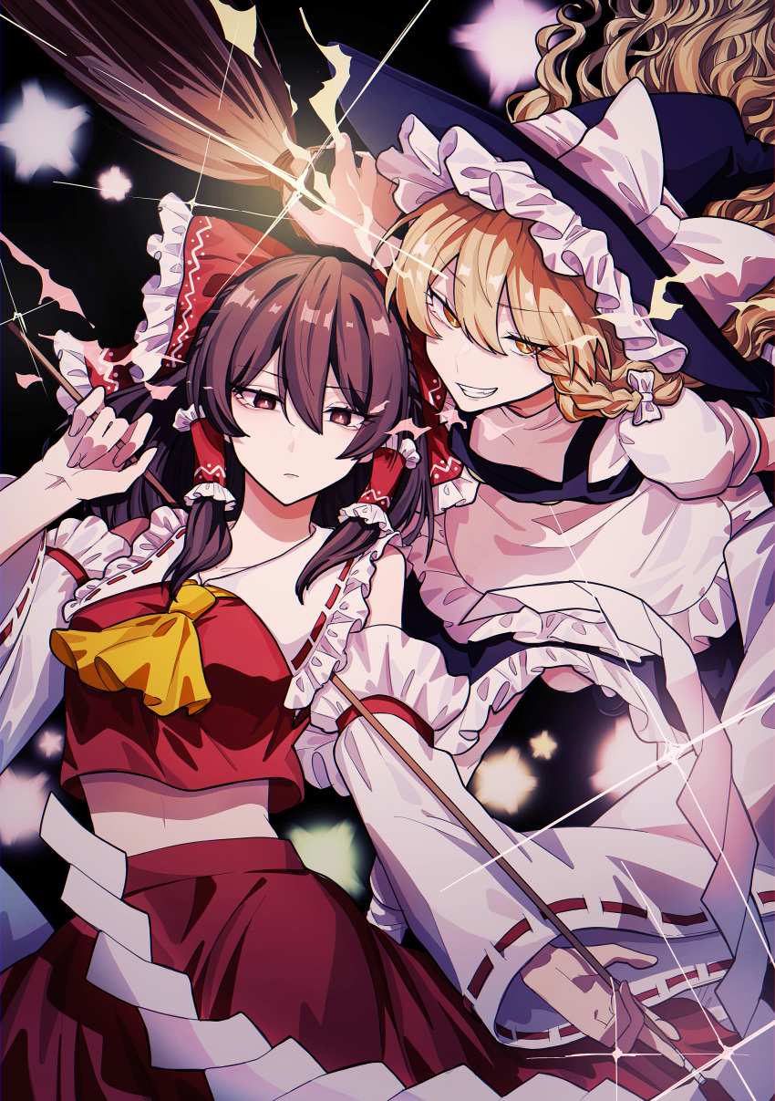 2girls, absurdres, apron, ascot, black_headwear, black_skirt, black_vest, blonde_hair, bow, braid, brown_eyes, brown_hair, closed_mouth, commentary, detached_sleeves, frilled_bow, frilled_hair_tubes, frills, gein, hair_between_eyes, hair_bow, hair_tubes, hakurei_reimu, hat, hat_bow, highres, holding, kirisame_marisa, long_hair, looking_at_viewer, midriff, mini-hakkero, multiple_girls, navel, puffy_short_sleeves, puffy_sleeves, red_bow, red_skirt, red_vest, ribbon-trimmed_sleeves, ribbon_trim, shirt, short_sleeves, sidelocks, single_braid, skirt, skirt_set, somei_ooo, teeth, touhou, vest, waist_apron, white_apron, white_bow, white_shirt, white_sleeves, wide_sleeves, witch_hat, yellow_ascot, yellow_eyes
