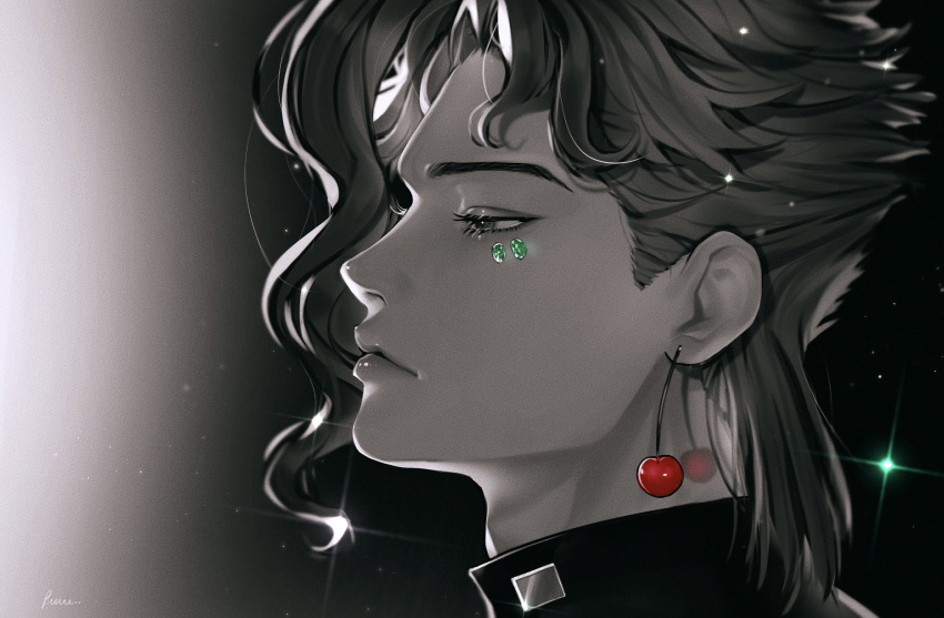 1boy, adam's_apple, artist_name, cherry_earrings, close-up, commentary, earrings, eyelashes, food-themed_earrings, gakuran, gem, green_gemstone, hierophant_green, highres, jewelry, jojo_no_kimyou_na_bouken, kakyoin_noriaki, kuropani_cos, male_focus, medium_hair, partially_colored, school_uniform, signature, solo, stardust_crusaders, wavy_hair
