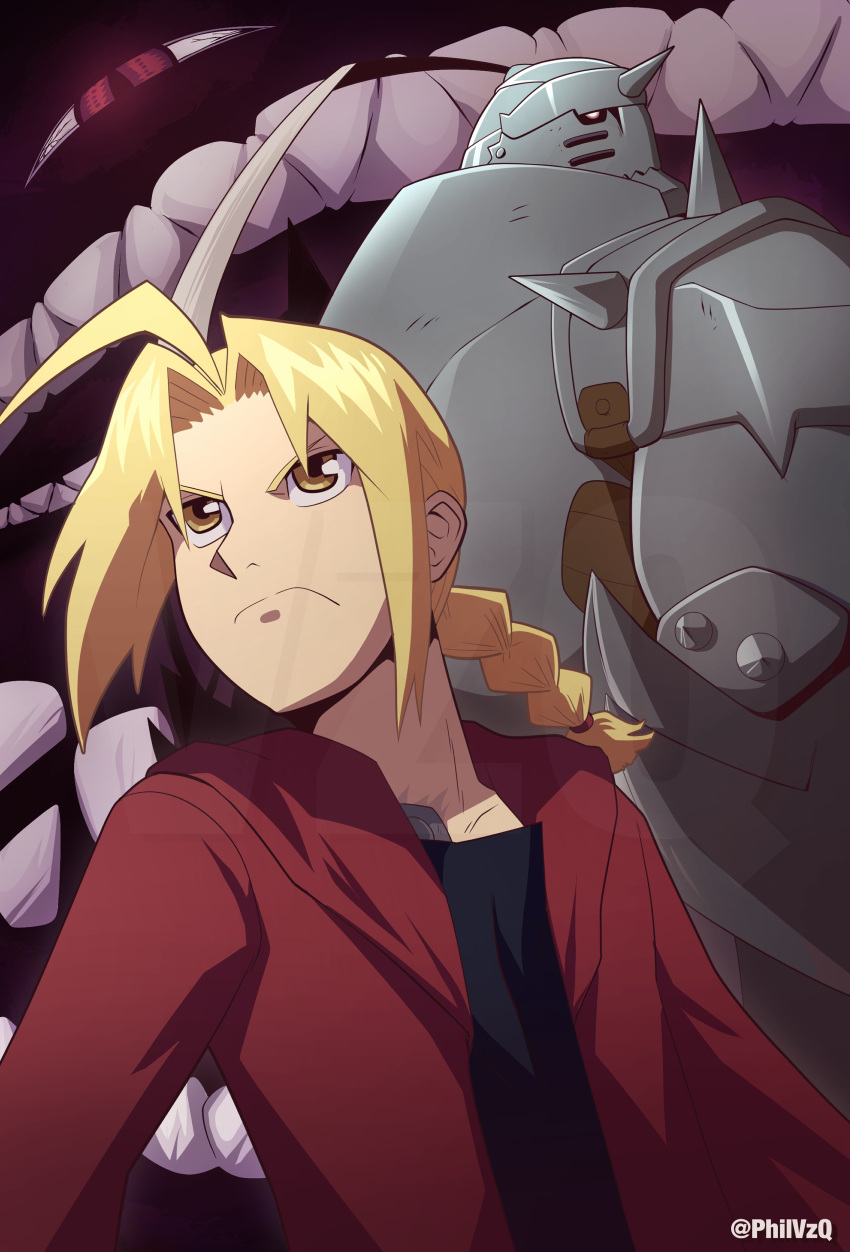 2boys, absurdres, ahoge, alphonse_elric, angry, armor, arms_at_sides, back-to-back