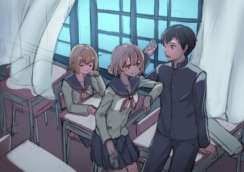 1boy, 2girls, arm_at_side, black_hair, black_jacket, black_pants, blue_sailor_collar, blue_skirt, buttons, carton, classroom, collared_jacket, curtains, desk, gakuran, grey_hair, haitani_(madoka_magica), holding_carton, indoors, jacket, kuroda_(madoka_magica), leaning_on_person, long_sleeves, magia_record:_mahou_shoujo_madoka_magica_gaiden, mahou_shoujo_madoka_magica, miniskirt, miura_asahi, multiple_girls, nanakamado, neckerchief, on_chair, orange_eyes, orange_hair, pants, pleated_skirt, red_neckerchief, sailor_collar, sailor_shirt, school_desk, school_uniform, serafuku, shirt, short_hair, sitting, skirt, smile, very_short_hair, white_shirt, window, yellow_eyes, yukuni_academy_school_uniform