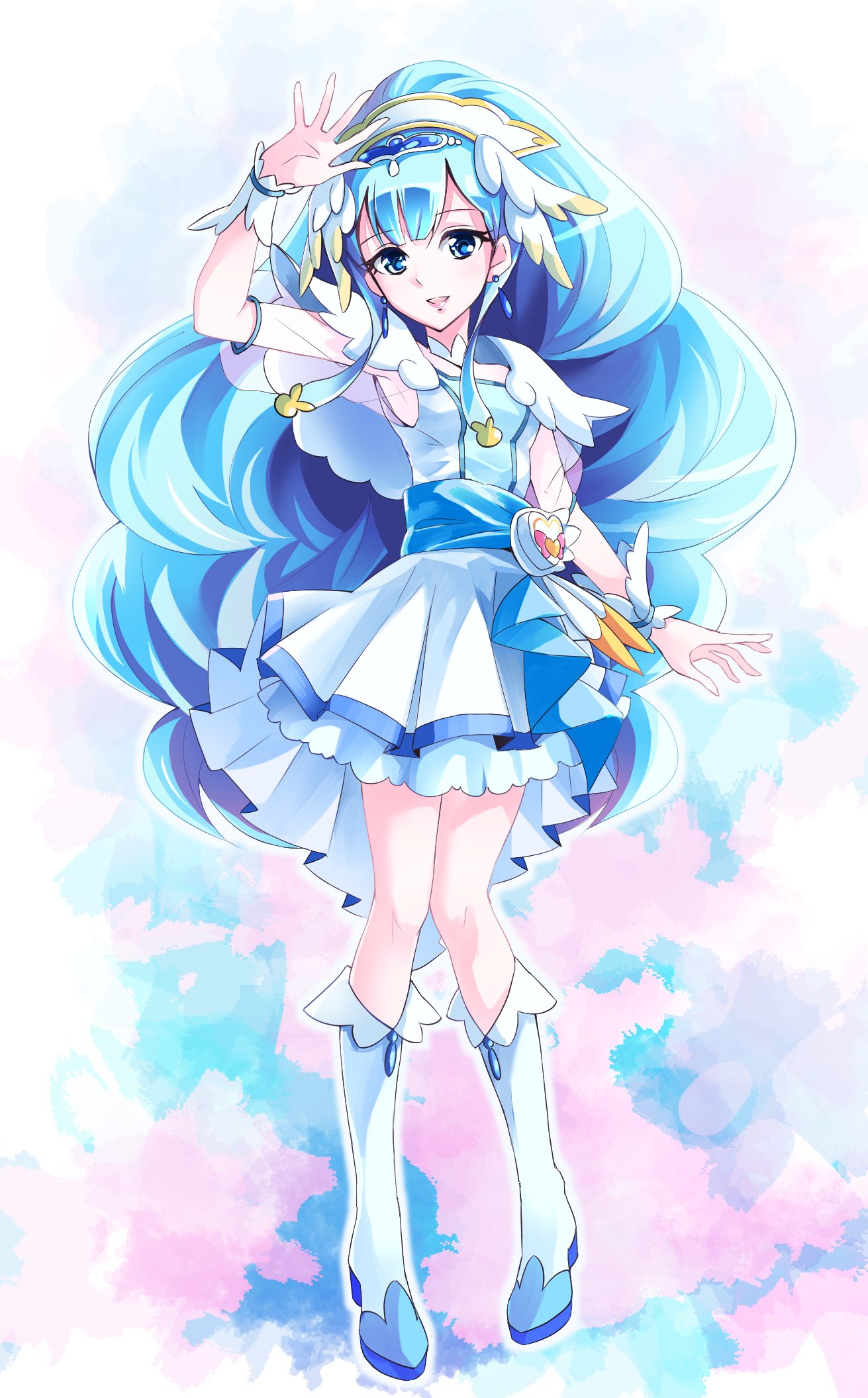 1girl, blue_background, blue_dress, blue_eyes, blue_hair, boots, breasts, choker, cure_ange, dress, earrings, full_body, gradient, gradient_background, hair_between_eyes, hair_ornament, hat, heart_pouch, highres, hugtto!_precure, jewelry, lipstick, long_hair, makeup, nurse_cap, pink_background, precure, sash, see-through, see-through_sleeves, short_sleeves, small_breasts, solo, two-tone_background, white_choker, white_footwear, wrist_cuffs, yakushiji_saaya, zwei_(santanawamuujojo)