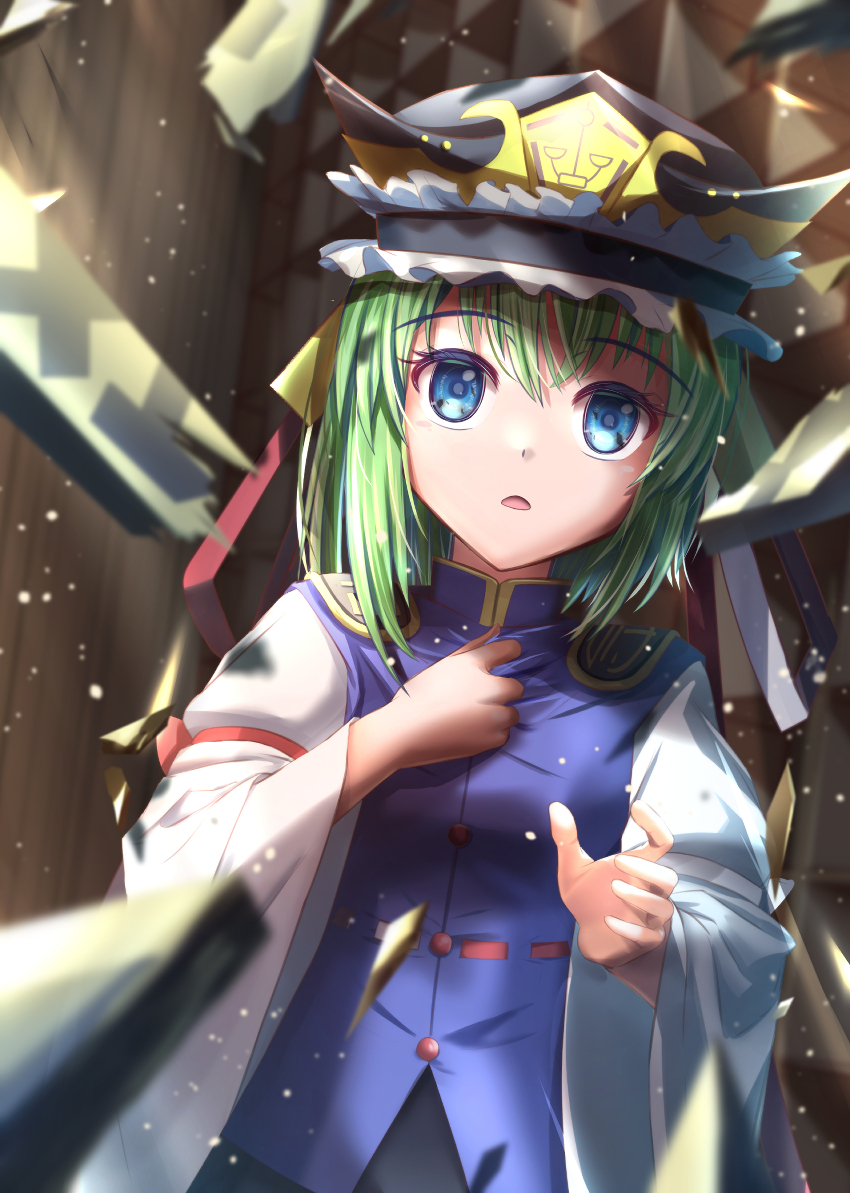 1girl, asymmetrical_hair, bangs, black_headwear, black_skirt, blue_eyes, blue_vest, bow