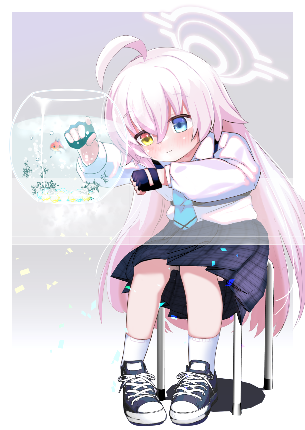 1girl, 2022, ahoge, bangs, blue_archive, blue_eyes, collared_shirt, fingerless_gloves