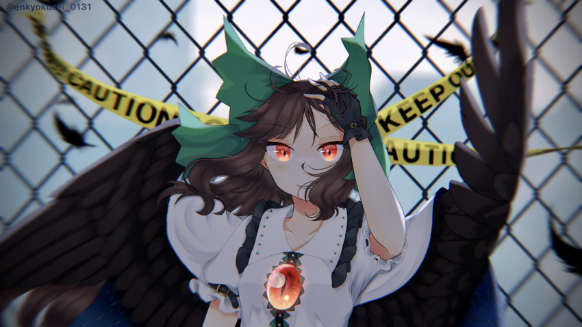 1girl, bangs, bird_wings, black_gloves, bow, breasts, brown_hair, brown_wings