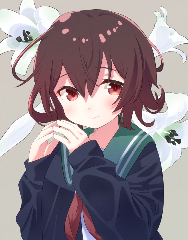 1girl, black_cardigan, blush, brown_hair, cardigan, closed_mouth, flower, green_background