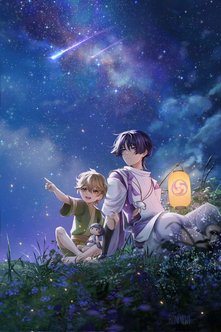 2boys, arm_up, bangs, barefoot, blue_eyes, blue_sky, bow, brown_eyes