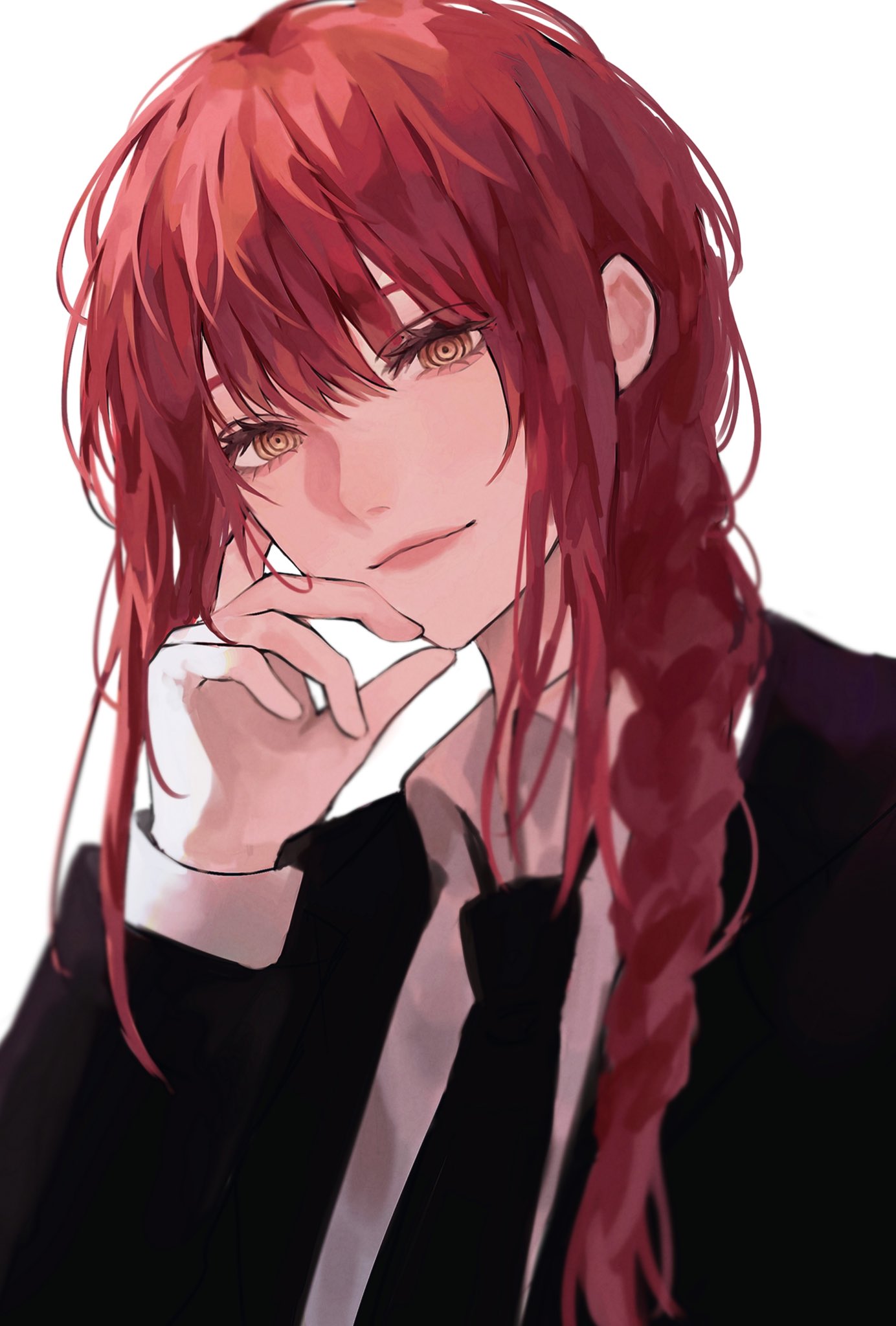 1girl, @_@, alternate_eye_color, bangs, black_jacket, black_necktie, braid, brown_eyes