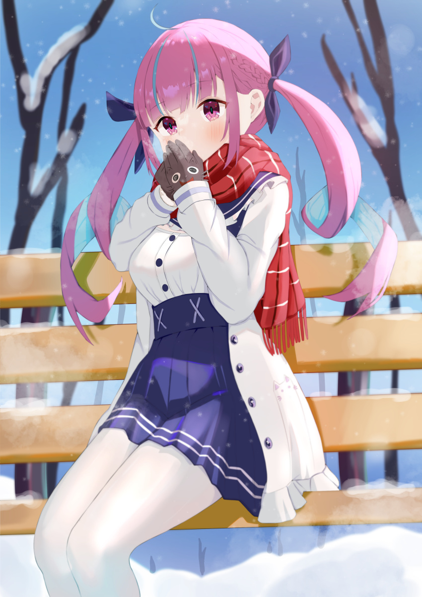 1girl, absurdres, ahoge, bangs, blue_bow, blue_hair, blue_ribbon, blue_skirt, blush, bow, braid, breathing_on_hands, colored_inner_hair, drill_hair, frilled_sailor_collar, frills, gloves, hair_bow, hair_ribbon, hands_up, high-waist_skirt, highres, hololive, jacket, long_hair, long_sleeves, minato_aqua, multicolored_hair, open_clothes, open_jacket, pantyhose, pink_eyes, pleated_skirt, purple_hair, red_scarf, ribbon, sailor_collar, scarf, sidelocks, skirt, snowing, solo, twin_drills, twintails, two-tone_hair, virtual_youtuber, white_jacket, white_pantyhose, winter, yugu_lemon