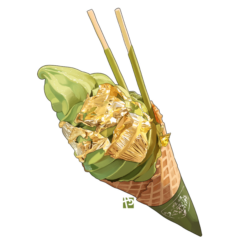 commentary, english_commentary, foil, food, food_focus, ice_cream_cone, matcha_(food), no_humans