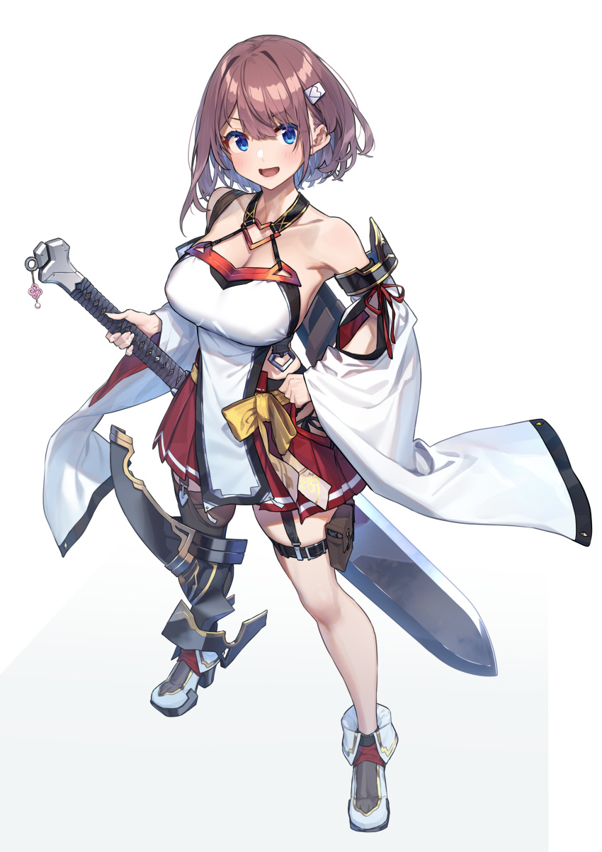 1girl, absurdres, baffu, bare_shoulders, blue_eyes, breasts, brown_hair, detached_sleeves
