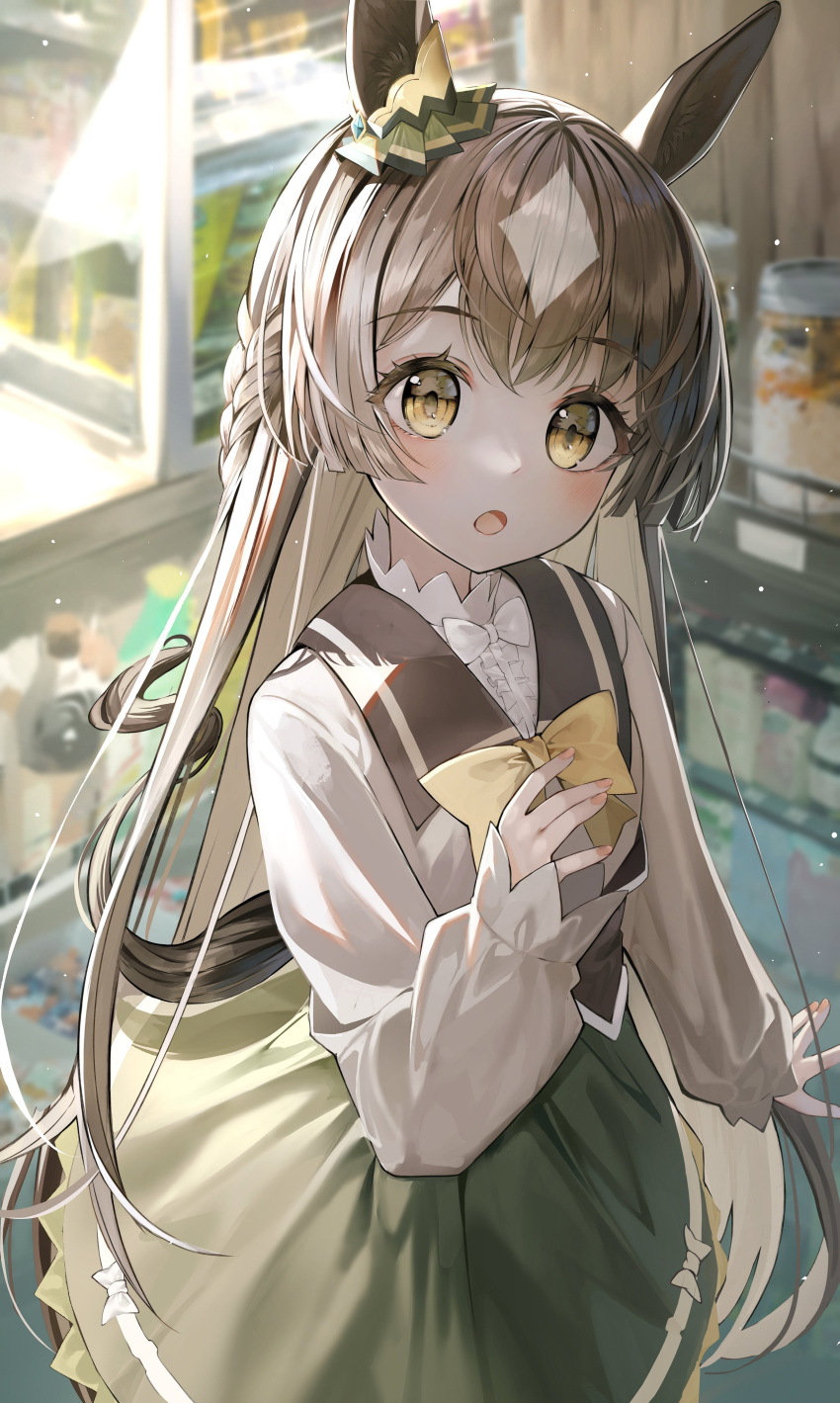 1girl, absurdres, animal_ears, animal_ears_(norankkori), blush, bow, brown_eyes, brown_hair