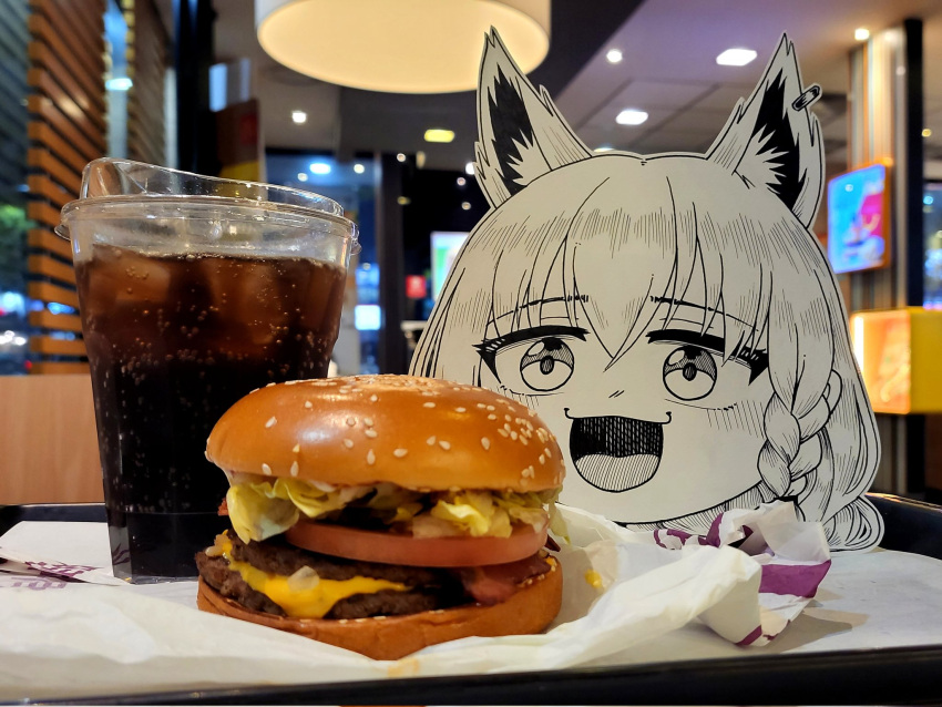 1girl, animal_ears, braid, burger, cup, diner, food, fox_ears
