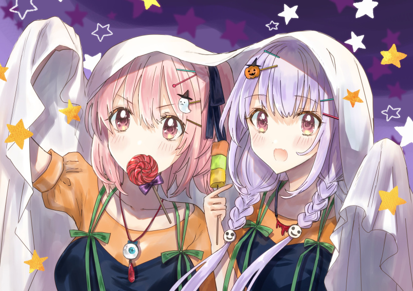 2girls, :d, absurdres, arm_at_side, arm_up, assault_lily, bangs, black_ribbon