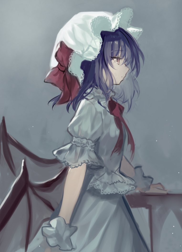 1girl, ascot, bat_wings, breasts, dress, expressionless, from_side, fuepo